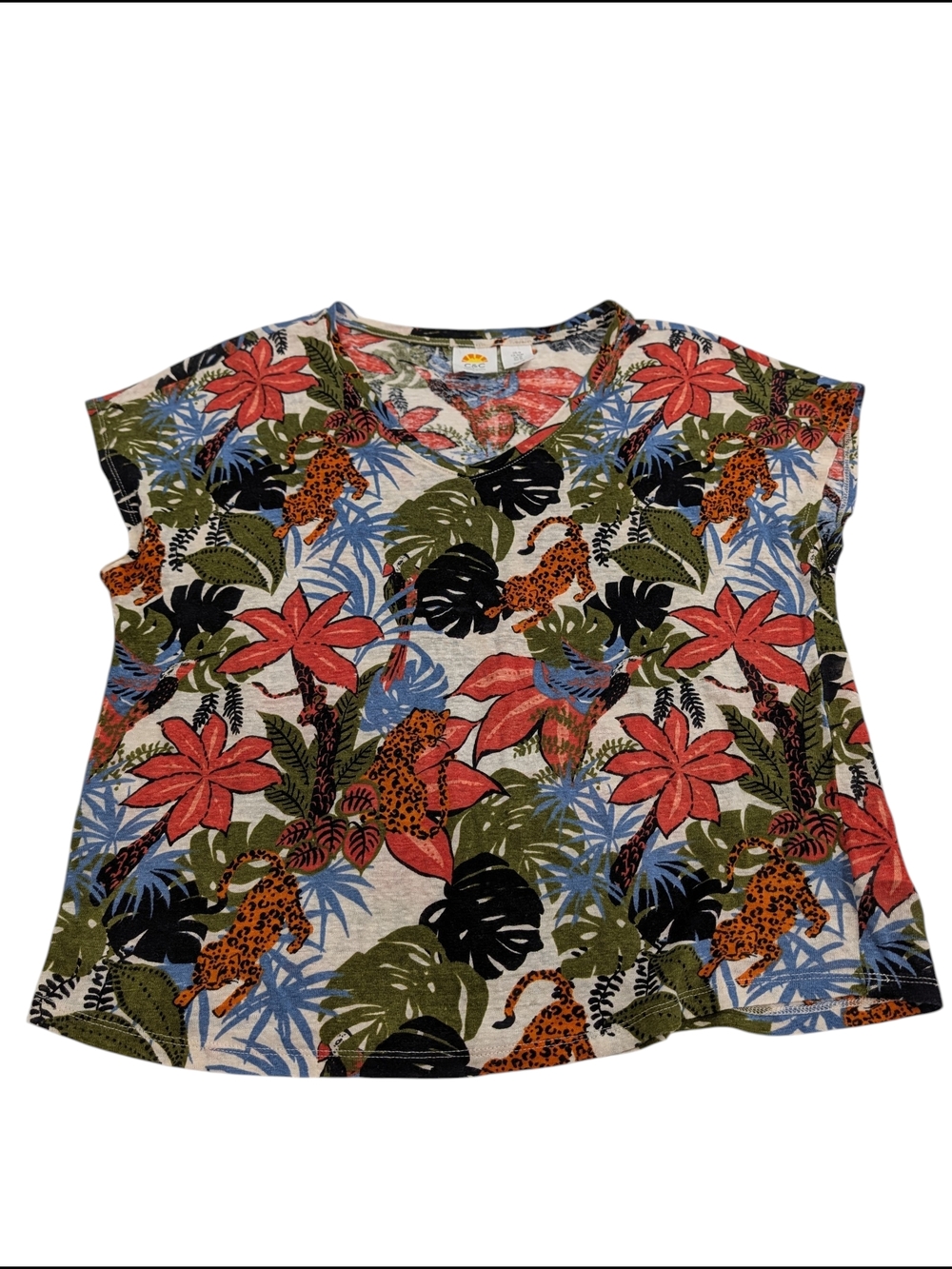 C&C California Linen Tropical Leopard Jungle Print V-Neck Womens Cropped Top M